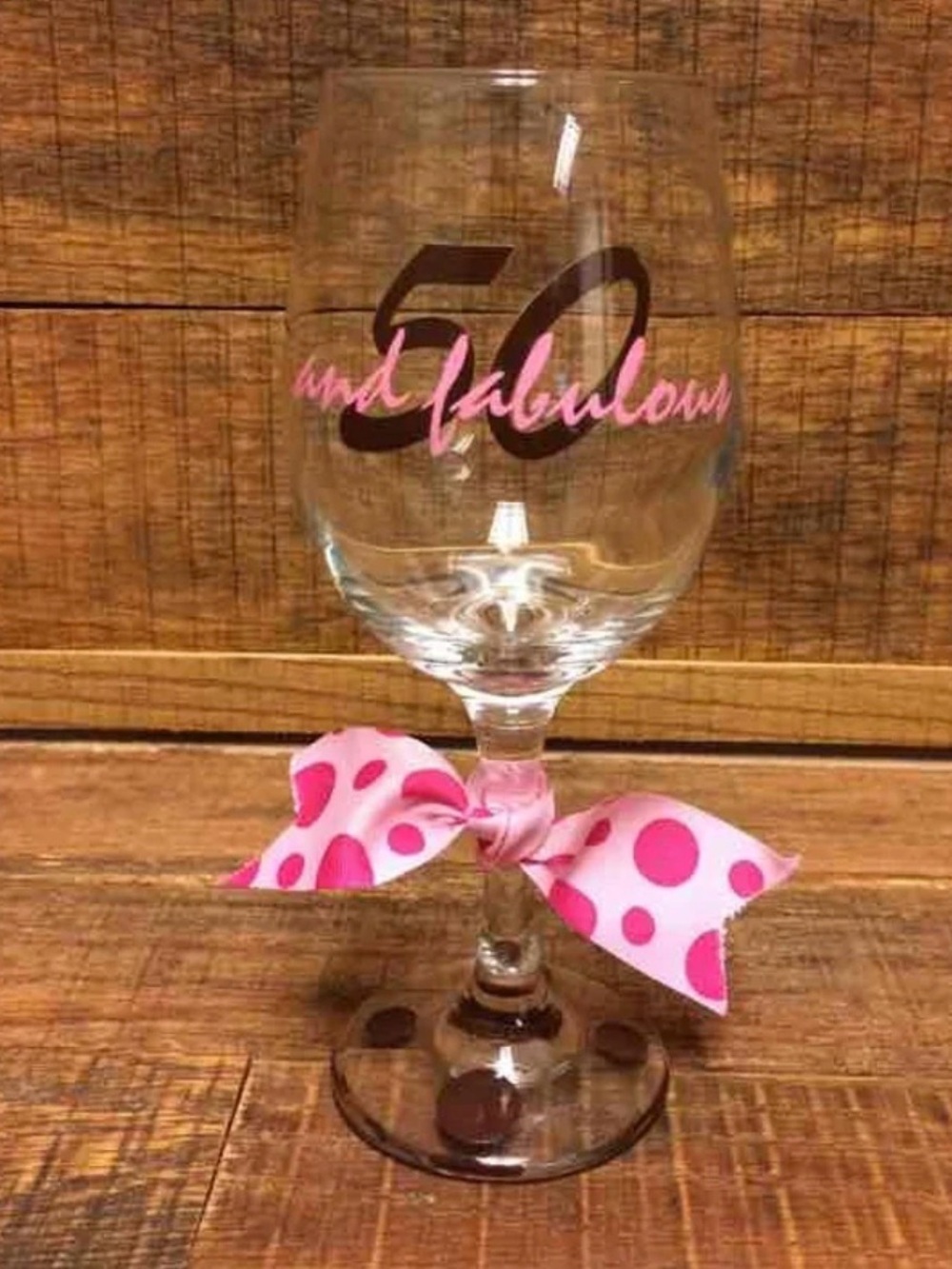 50 and Fabulous Pink Polka Dot Stemmed Wine Glass